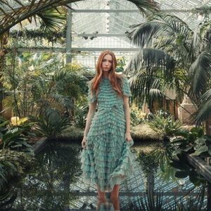 Mac Duggal Sage Green Ruffled Midi Dress